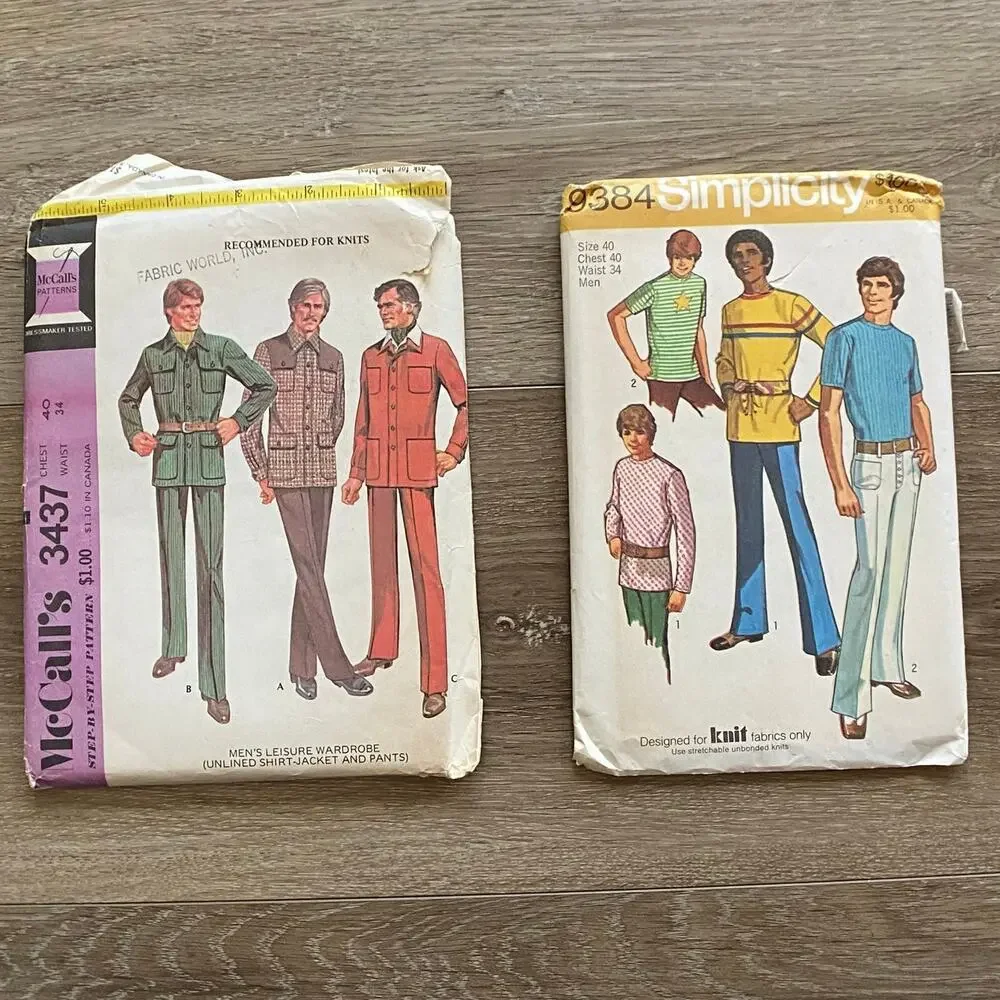 Vintage Sewing Patterns Mens McCall & Simplicity 1970 Chest 40 Waist 34 Lot 2